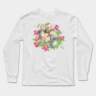 Watercolor cuteeaster rabbyt and egg an flowers Long Sleeve T-Shirt